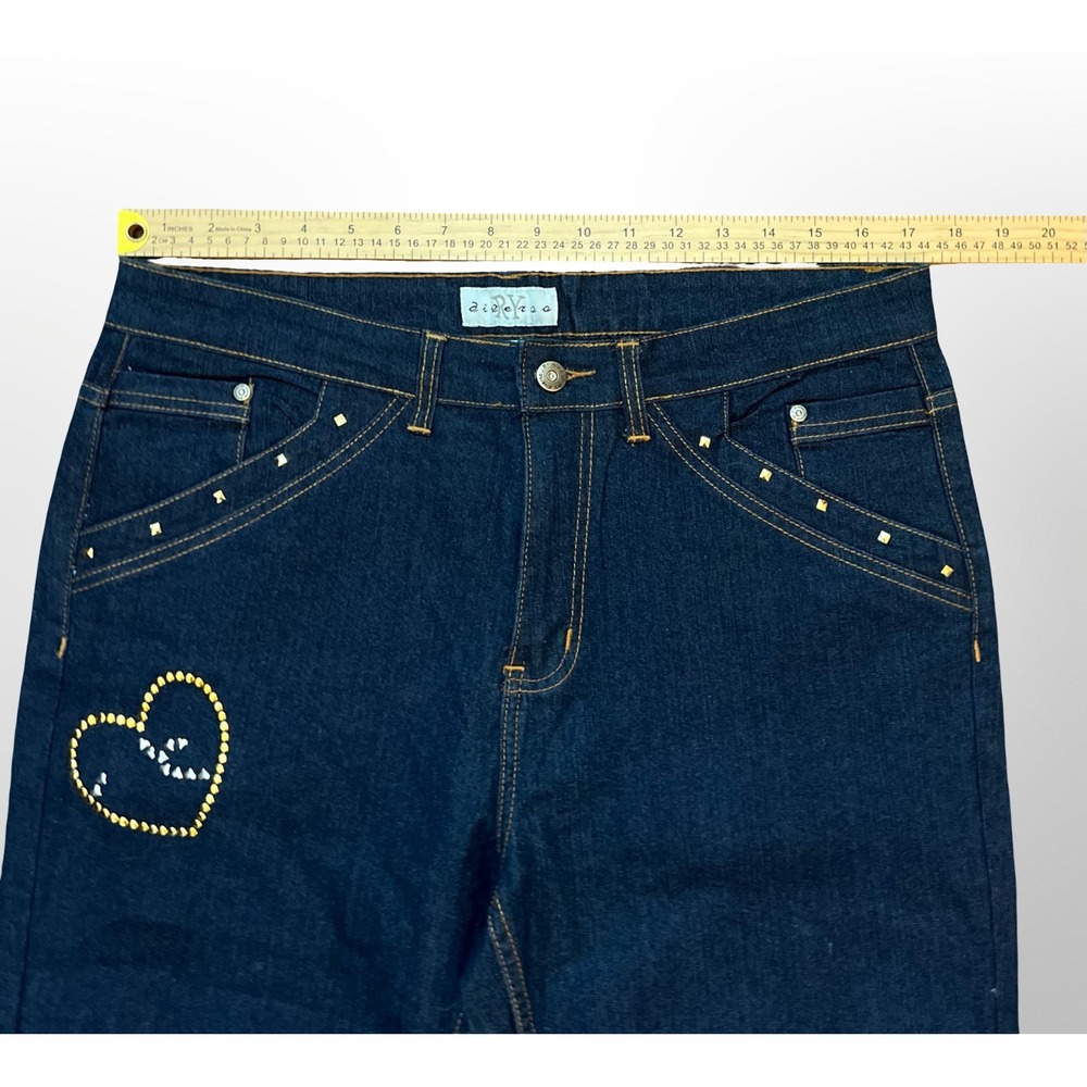 Diversa Y2K Womens 14 Studded Heart Bling Bootcut Jeans Dark Wash Denim 2000s - Picture 8 of 16